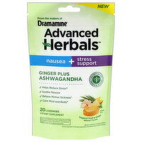 Dramamine Advanced Herbals Nausea + Stress Support Ginger Plus Ashwagandha, 20 Each