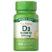 Nature's Truth Vitamin D3, High Potency, 250 mcg, Quick Release Softgels, 100 Each