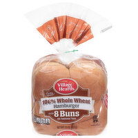 Village Hearth Buns, 100% Whole Wheat, Hamburger, Sliced, 8 Each