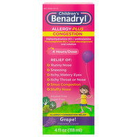 Benadryl Allergy Plus Congestion, Liquid, Grape Flavored, 4 Fluid ounce