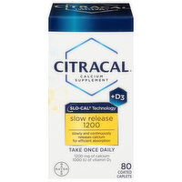 Citracal Calcium Supplement, +D3, 1200, Slow Release, Coated Caplets, 80 Each