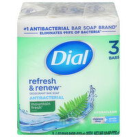 Dial Refresh & Renew Bar Soap, Deodorant, Antibacterial, Mountain Fresh Scent, 3 Each