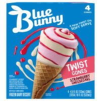 Blue Bunny Frozen Dairy Dessert, Strawberry Cheesecake, Twist Cones, 4 Each