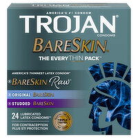 Trojan BareSkin Condoms, Latex, Lubricated, Original/Studded, The EveryThin Pack, 24 Each