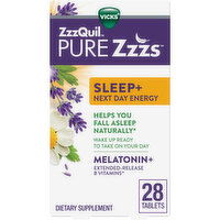 Vicks PURE Zzzs ZzzQuil PURE Zzzs Sleep+ Next Day Energy Melatonin, Extended Release B-Vitamins, Purple, 28 Tablets, 28 Each