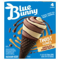 Blue Bunny Frozen Dairy Dessert, Twist Cones, Chocolate Peanut Butter, 4 Each