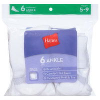 Hanes Ankle Socks, Cushioned, Shoe Size 5-9, 6 Each