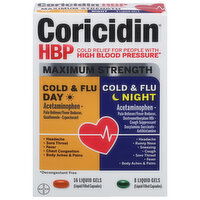 Coricidin HBP Cold & Flu, Day/Night, Maximum Strength, Liquid Gels, 24 Each