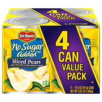 Del Monte Sliced Pears, No Sugar Added, Value Pack, 4 Each