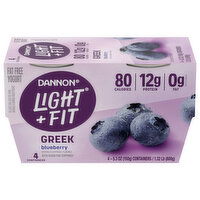 Dannon Light + Fit Yogurt, Fat Free, Blueberry, Greek, 4 Each