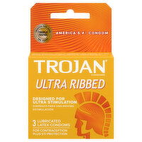 Trojan Condoms, Latex, Lubricated, Ultra Ribbed, 3 Each