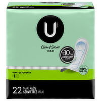 U by Kotex Pads, Maxi, Clean & Secure, Heavy, 22 Each