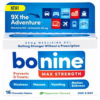 Bonine Meclizine HCL, Max Strength, 50 mg, Peppermint Flavored, 16 Each