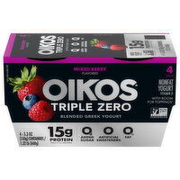 Oikos Triple Zero Yogurt, Nonfat, Blended Greek, Mixed Berry Flavored, 4 Pack, 4 Each