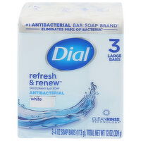 Dial Refresh & Renew Bar Soap, Deodorant, Antibacterial, White, Large, 3 Each