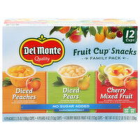 Del Monte No Sugar Added Diced Peaches/Diced Pears/Cherry Mixed Fruit Fruit Cups Snacks Family Pack, 12 Each