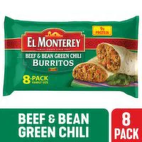 El Monterey Burritos, Mild, Beef & Bean Green Chili, Family Size, 8 Pack, 8 Each