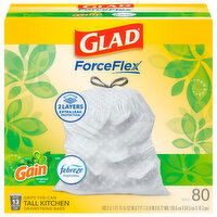 Glad ForceFlex Bags, Drawstring, Kitchen, Gain Original Scent with Febreze Freshness, 13 Gallon, Tall, 80 Each