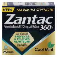 Zantac 360 Acid Reducer, Maximum Strength, 20 mg, Tablets, Cool Mint, 25 Each