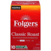 Folgers Coffee, Classic Roast, Medium, K-Cup Pods, 10 Each