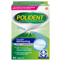 Polident Antibacterial Denture Cleanser, Triple Mint Freshness, Overnight Whitening, Tablets, 84 Each