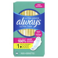 Always Ultra Thin Ultra Thin Pads with Wings, Size 1, 36 Each