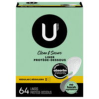 U by Kotex Clean & Secure Liners, Regular, 64 Each