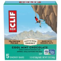 CLIF BAR - Cool Mint Chocolate with Caffeine - Made with Organic Oats - Energy Bars - Non-GMO - Plant Based Protein Bars (5 Pack), 12 Ounce