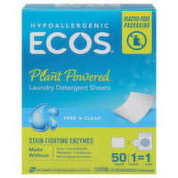 Ecos Laundry Detergent Sheets, Plant Powered, Free & Clear, 50 Each