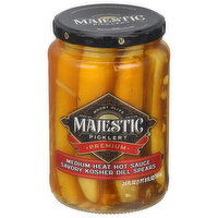 Mt Olive Majestic Picklery Kosher Dill Spears, Savory, Medium Heat Hot Sauce, Premium, 24 Fluid ounce