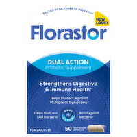 Florastor Probiotic Supplement, Dual Action, Vegetarian Capsules, 50 Each