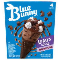 Blue Bunny Load'd Cones Frozen Dairy Dessert, Brownie Bomb, 4 Each