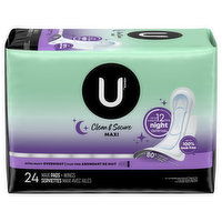 U by Kotex Clean & Secure Pads + Wings, Extra Heavy Overnight, Maxi, 24 Each