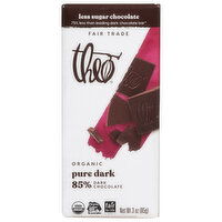 Theo Chocolate, Less Sugar, Organic, Pure Dark 85%, 3 Ounce