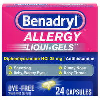 Benadryl Liqui-Gels Allergy, Dye-Free, 25 mg, Capsules, 24 Each