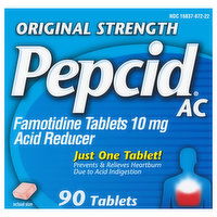 Pepcid AC Famotidine, Original Strength, 10 mg, Tablets, 90 Each