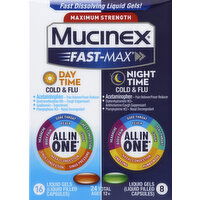 Mucinex Fast-Max Severe Cold/Cold & Flu, Day/Night, Maximum Strength, Liquid Gels, Value Pack, 24 Each