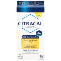 Citracal Calcium Supplement, +D3, 1200, Slow Release, Coated Caplets, 80 Each