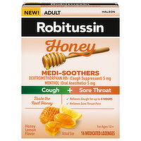 Robitussin Cough + Sore Throat, Adult, Medi-Soothers, Honey Lemon Flavor, Lozenges, 16 Each