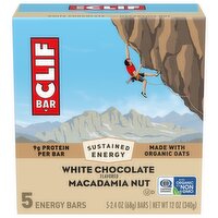 CLIF BAR - White Chocolate Macadamia Nut Flavor - Made with Organic Oats - Energy Bars - Non-GMO - Plant Based Protein Bars (5 Pack), 12 Ounce