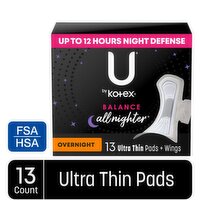 U by Kotex Balance Pads + Wings, Ultra Thin, Overnight, 13 Each