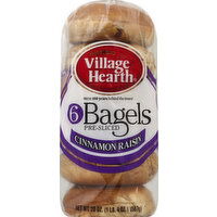 Village Hearth Bagels, Pre Sliced, Cinnamon Raisin, 6 Each