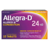 Allegra-D Allergy & Congestion, Indoor/Outdoor Relief, Non-Drowsy, 24 Hr, Tablets, 10 Each