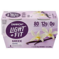 Dannon Light + Fit Yogurt, Fat Free, Vanilla, Greek, 4 Each