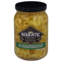 Majestic Banana Pepper Rings Pickles, Deli Style Bread & Butter, Mild, Premium, 16 Fluid ounce