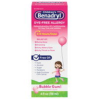 Benadryl Children's Allergy, Dye-Free, Liquid, Bubble Gum! Flavored, 4 Fluid ounce