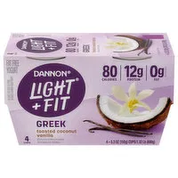 Dannon Light + Fit Yogurt, Fat Free, Greek, Toasted Coconut Vanilla, 4 Each