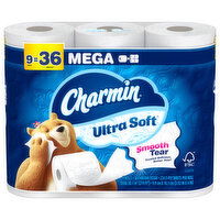 Charmin Ultra Soft Smooth Tear Unscented Mega Rolls Bathroom Tissue, 9 Each