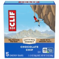 CLIF BAR - Chocolate Chip - Made with Organic Oats - Energy Bars - Non-GMO - Plant Based Protein Bars (5 Pack), 12 Ounce