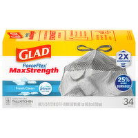 Glad ForceFlex Bags, Drawstring, Kitchen, Max Strength, Fresh Clean, 13 Gallon, Tall, 34 Each